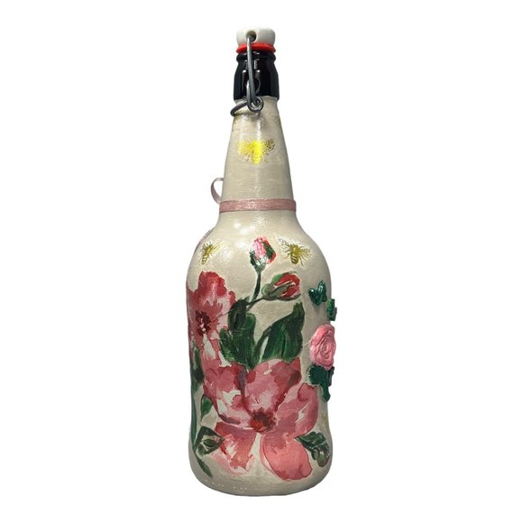Hand Painted, Decoupaged and Clay Molded Flip Top Glass Bottle Vintage 3D Roses - Picture 8 of 15
